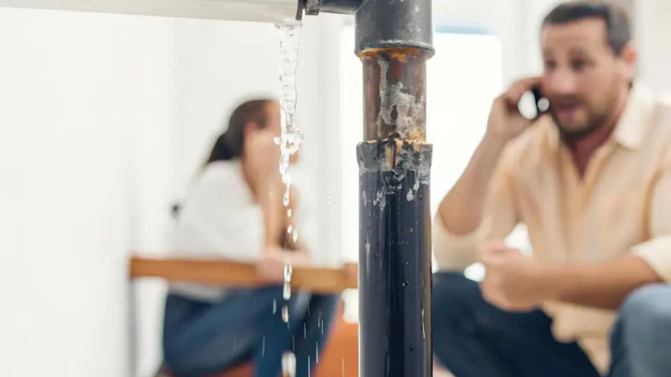 Two people reacting to a leaking pipe while one makes a phone call
