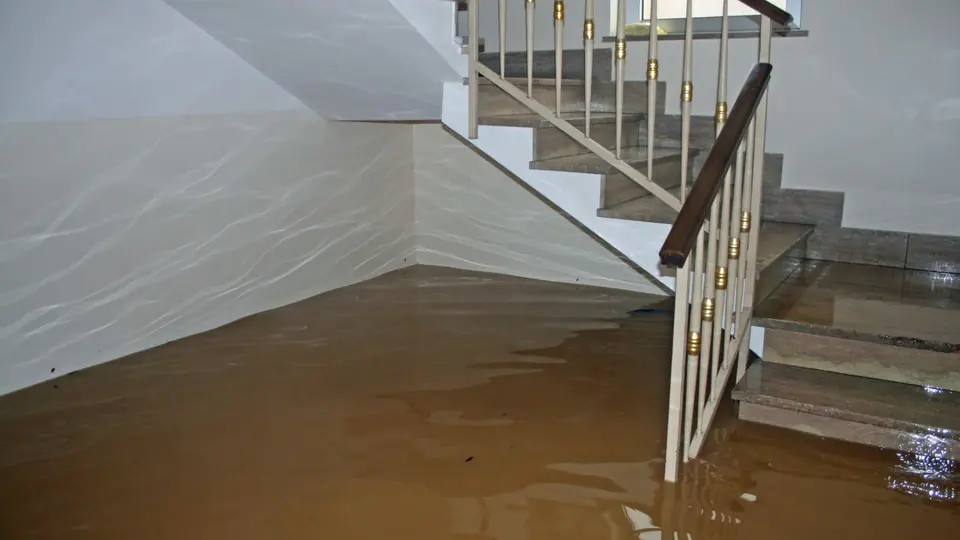 Brown floodwater standing at the bottom of a staircase