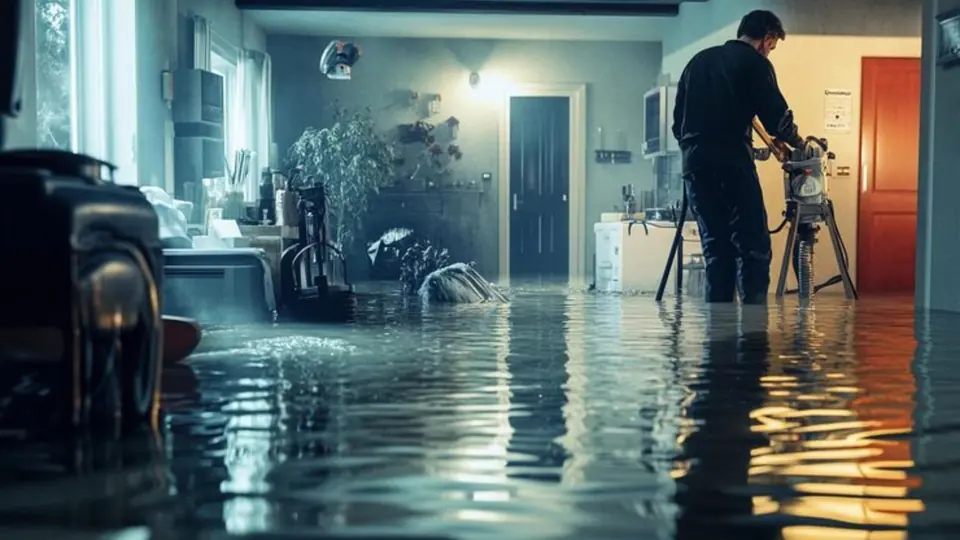 Technician setting up equipment in a flooded room