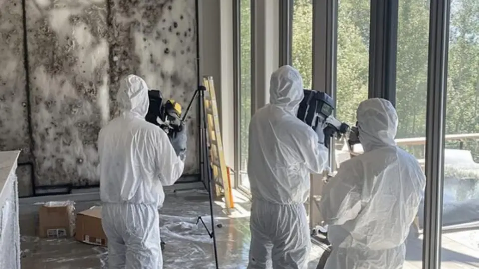 Three crew members in white protective suits assessing a room with mold on the wall