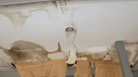 Water-stained ceiling with peeling paint and damaged material around a light fixture