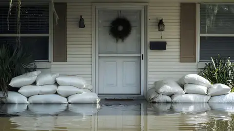 Sandbags stacked in front of a house door with floodwater around them