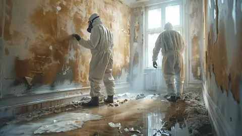 Crew members in protective suits and respirators working in a room with mold-stained walls