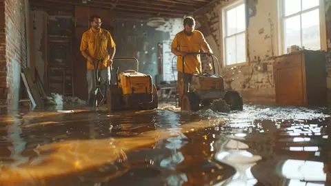 Two workers operating floor extraction machines in a flooded basement room