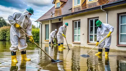Crew in white protective suits and yellow boots pushing floodwater away from the front of a house