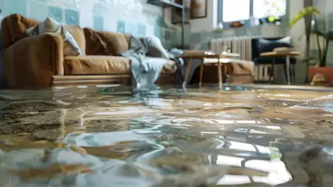 Living room floor covered in shallow water with a sofa in the background