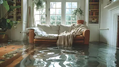 Sunlit living room with a sofa and standing water across the floor